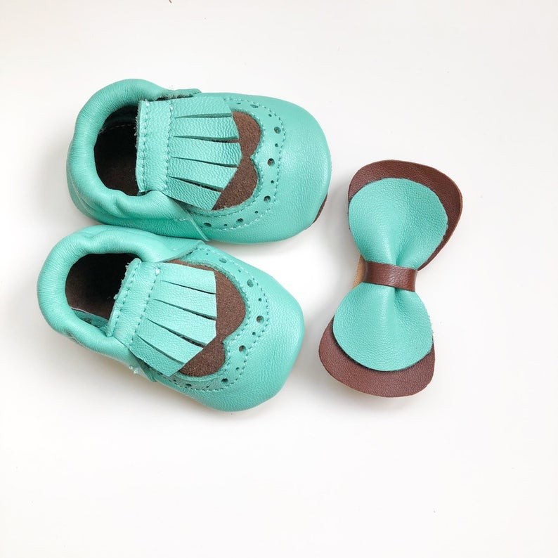 BABY LEATHER SHOES Browny aquamarine